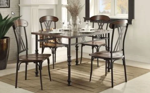 The Loyalton Dining Set offers sophisticated elegance, with a blend of traditional wood and metal details. The double-X patterns seen on the chair backs and table are crafted from metal for a timeless style. This dining set is very affordable, and its classic styling is perfect for any traditional dining room.