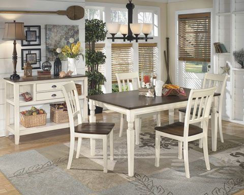 The Whitesburg Rectangle Dining Set features a country-cottage inspired rectangular dining room table and four dining chairs. This traditional dining room table is ideal for any Southern home.