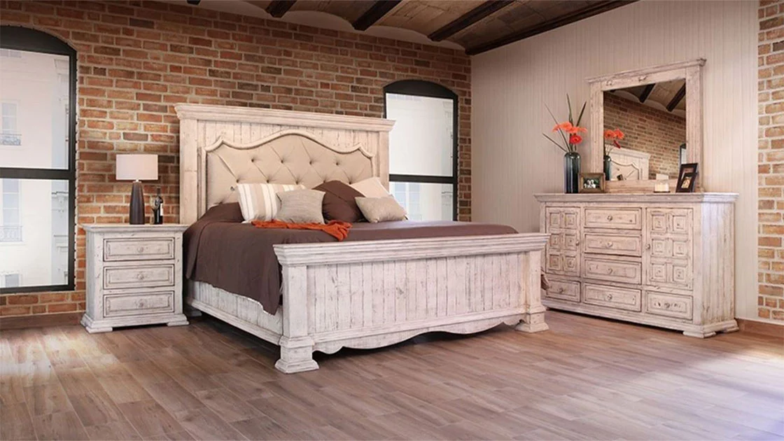 Bella White Upholstered 3-Piece Bedroom Group, an example of Solid Wood Furniture