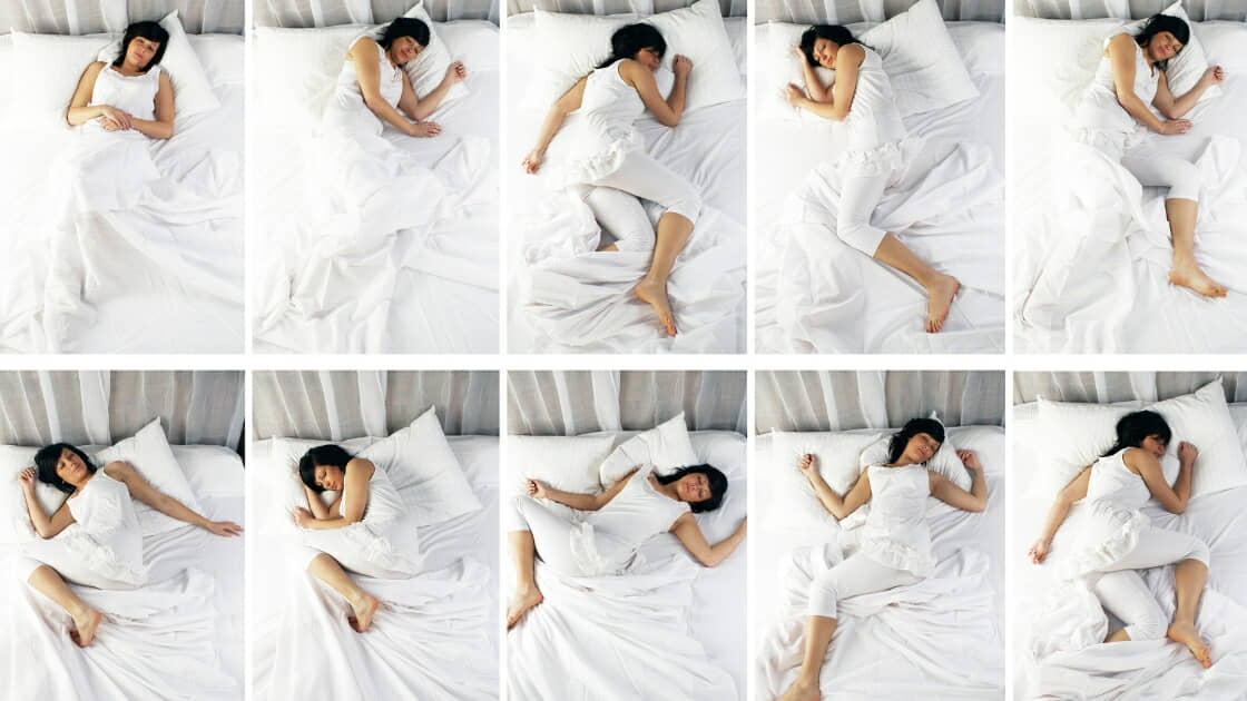 sequence of images showing a woman tossing and turning in bed