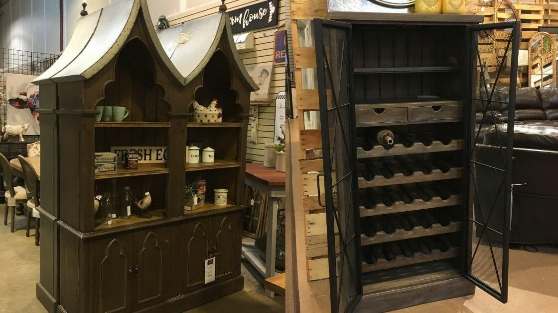 quirky furniture at the loft, antique server with hutch, and beautiful cabinet with wine rack