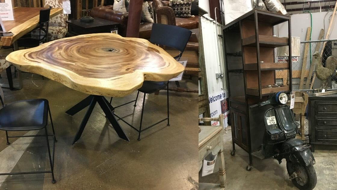 quirky furniture at the loft, live edge table, eclectic cabinet made from old scooter