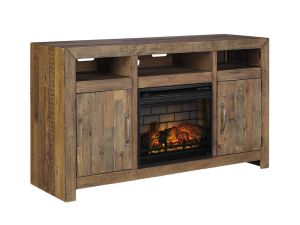 Sommerford Brown 62" TV Stand With Faux Firebrick Fireplace Insert