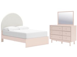 Wistenpine Blush 3 Piece Bedroom Set with Upholstered Platform Bed, Dresser & Mirror