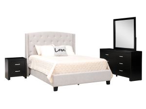 Eva Dove Gray 4 Piece Upholstered Bedroom Set w/ Jaylen Dresser, Mirror, and Nightstand