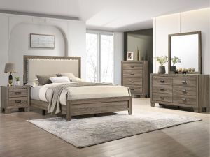 Millie Grey 4 Piece Bedroom Set w/Upholstered Panel Bed, Nightstand, Dresser & Mirror