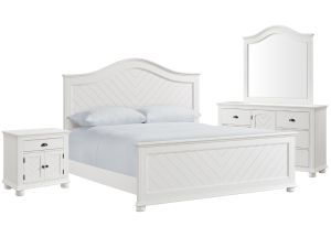 Kona White 4 Piece Bedroom Set w/Panel Bed, Nightstand, Dresser & Mirror