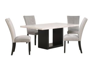 Valentino White 5 Piece Dining Set w/Marble Top Table & 4 Grey Velvet Side Chairs