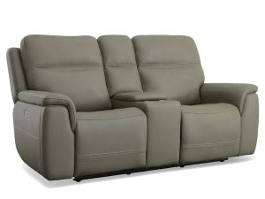 Sawyer Greige Leather Zero Gravity Power Reclining Console Loveseat w/Power Lumbar & Headrests