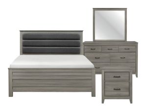 Waldorf Dark Gray 4 Piece Bedroom Set w/Upholstered Bed, Nightstand, Dresser & Mirror