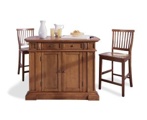 Americana Brown Kitchen Island Set with 2 Bar Stools