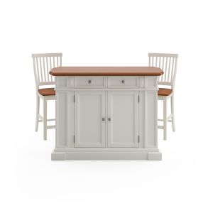 Americana White Kitchen Island Set with 2 Bar Stools