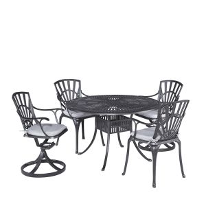 Grenada Charcoal 48" Round 5 Piece Outdoor Dining Set with Swivel Chairs & Cushions
