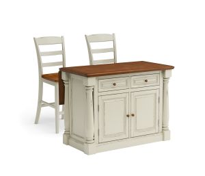 Monarch 3 Piece Off-White Kitchen Island Set with Warm Brown Top
