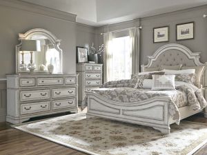 Magnolia Manor Antique White 3 Piece Upholstered Bedroom Set w/Upholstered Bed, Dresser & Mirror