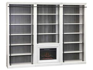 Toulouse 94" Rustic White Bookcase Library Wall w/Fireplace