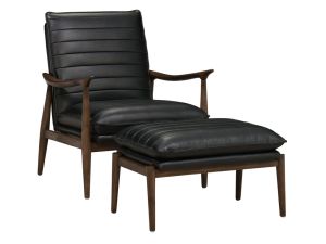 Florida Black 100% Leather Accent Chair and Ottoman Set